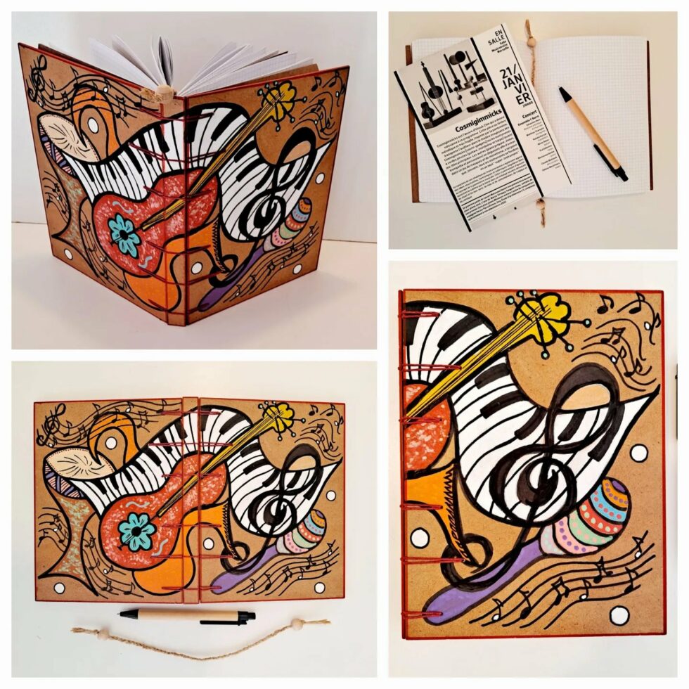 Notebook JAZZ vue 4 photos avec stylo en bois et reliure en fil rouge.
